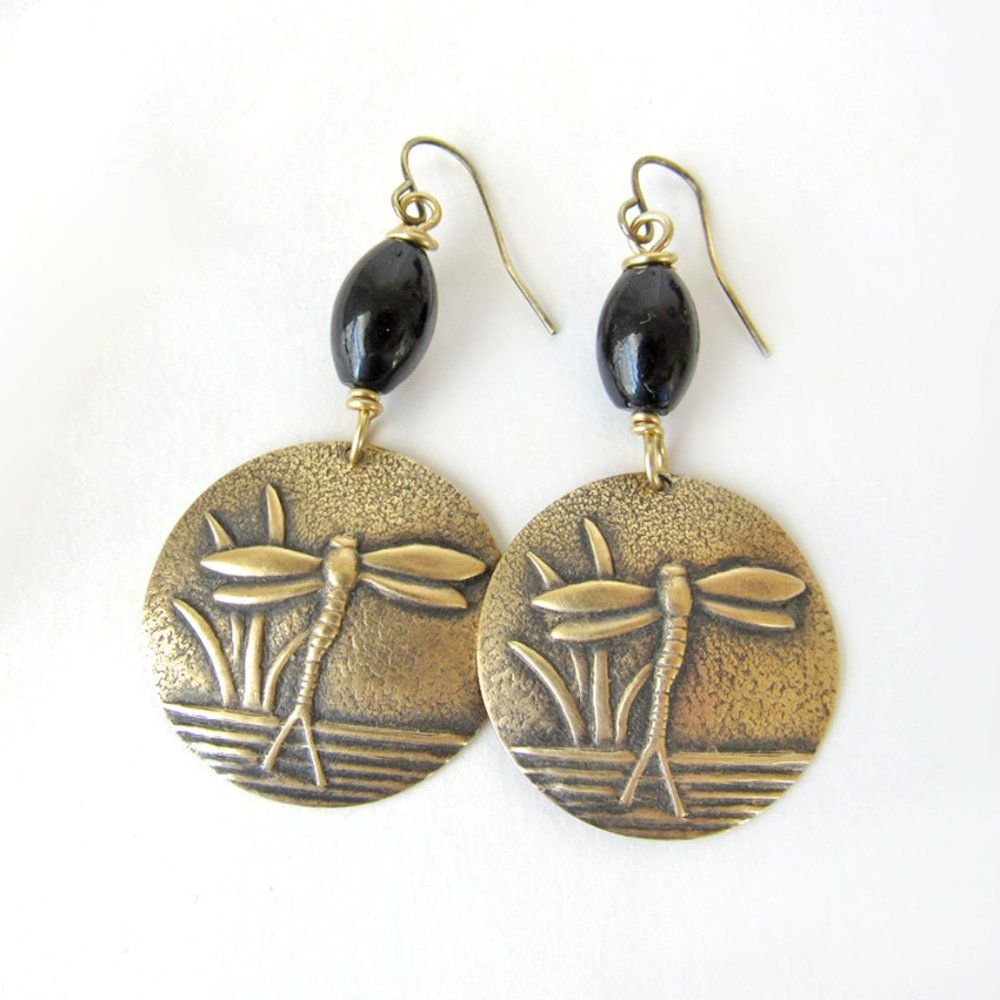 Handmade Gold Brass Dragonfly Earrings with Black Beads - Earthy Nature Jewelry
